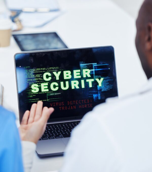 Cyber security, laptop and hospital nurse doctors with tech problem, malware virus or trojan horse.