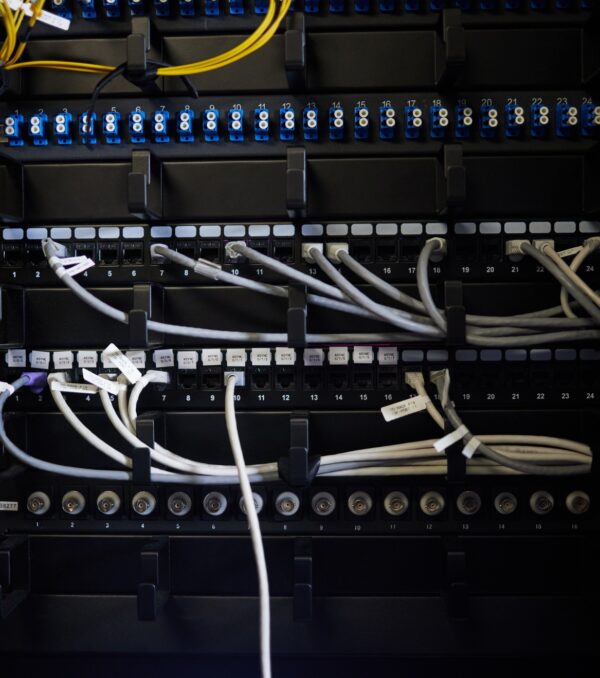 Cables, wires or server room maintenance in engineering, software programming or cybersecurity IT.